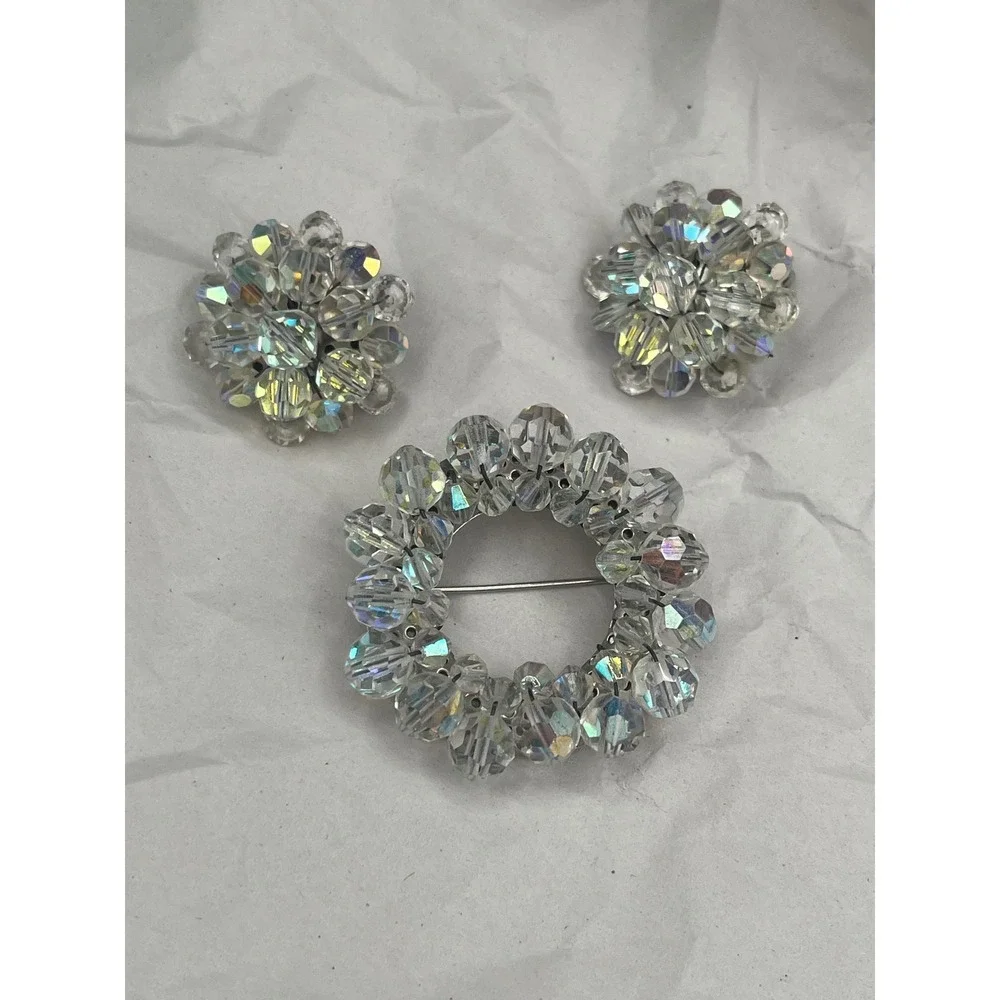 Aurora Borealis Crystal Brooch/Clip Earrings Set 1950s Sparkling Cluster Jewelry